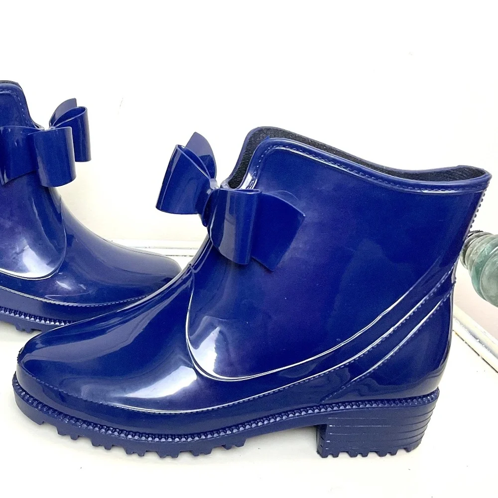 NRUDPQV Blue Waterproof Bow Rubber Rain Winter Snow Ankle Boots  size 6.5 - Picture 3 of 16